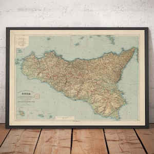 Alte Landkarte von Sizilien im Jahre 1891 von Wilhelm Fritzsche -Palermo, Catania, Messina, Marsala, Sciacca - gerahmt, ungerahmt
