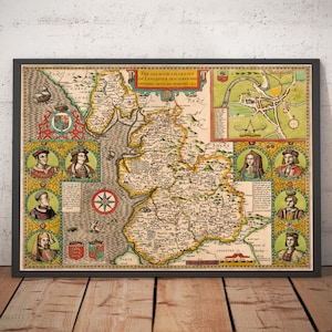 Old Map of Lancashire, 1611, John Speed - Manchester, Liverpool, Preston, Blackburn, Burnley, Oldham, Rochdale, Bury - Framed, Unframed Gift
