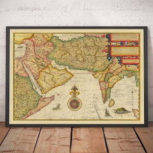 Mapa antiguo de Oriente Medio y Asia, 1596, de Linschoten: India, Irán, Afganistán, Pakistán, Persia, Arabia, Bangladesh (con o sin marco)