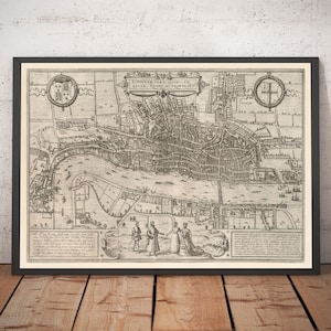 Mapa muito antigo de Londres, 1572, de Georg Braun - Cidade de Londres, Westminster, Southwark - Presente emoldurado ou sem moldura