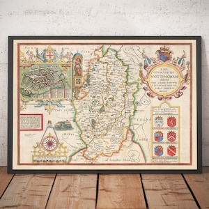 Alte Karte von Nottinghamshire, 1611 von John Speed - Nottingham, Mansfield, Newark, Worksop, Sherwood Forest, Midlands - Geschenk mit oder ohne Rahmen