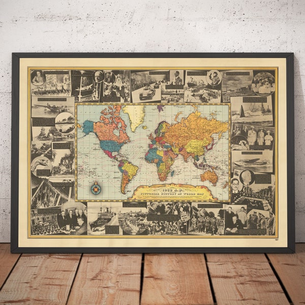 World War 2 World Map, 1939 - Old Historical Events - Hitler Invading Poland, Allies Declaring WW2, Pope Dying - Framed, Unframed