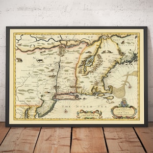Old Map of New England & New York, 1676 by John Speed - East Coast US, New Jersey, Massachusetts, British Colonies - Framed, Unframed