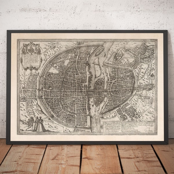 Old Map of Paris, 1572 by Braun - Notre Dame, Sainte Chapelle, Bastille, Seine, Cathedral, City Walls - Monochrome Framed, Unframed