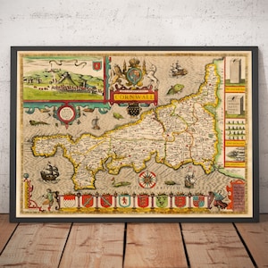 Old Map of Cornwall, 1611 by John Speed - Penzance, St Ives, Plymouth, Lands End, Padstow - Framed, Unframed