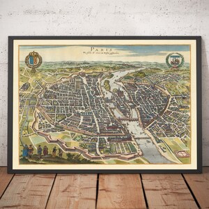 Oude kaart van Parijs, 1655 door Caspar Merian - Ile Saint Louis and de la Cite, Pont Neuf, Seine, Notre Dame - ingelijst, niet ingelijst