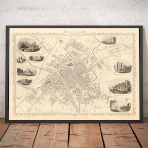 Oude kaart van York in 1851 door Tallis & Rapkin - City Centre, York Minster Cathedral, River Ouse - ingelijst of ingelijst