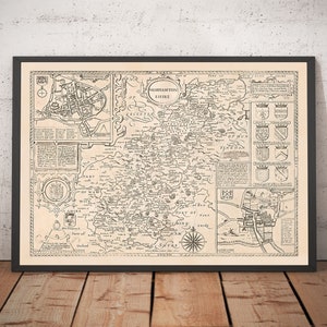 Old Map of Northamptonshire, 1611 by Speed - Northampton, Kettering, Peterborough, Corby, Stamford, Brackley - Mono Framed, Unframed
