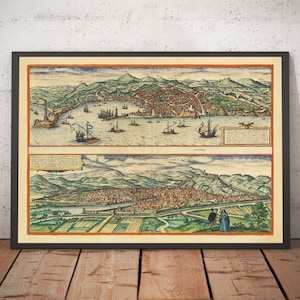 Old Map of Florence & Genoa, 1572 by Braun - Duomo, Palazzo Vecchio, Arno River, San Lorenzo, Cathedrals, Forts - Framed, Unframed