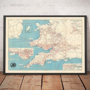 Old Map of Great Western Railway, 1950 - Pre-Beeching Cuts GWR - Main Lines, South Wales, West Country, Paddington  - Framed, Unframed Gift