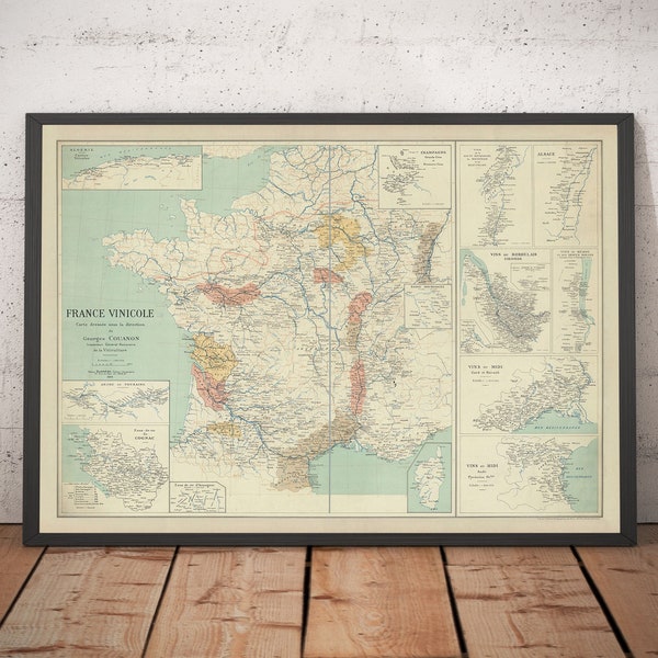 Old Map of French Wine Growing Regions, 1924 - Bordeaux, Rhone, Champagne, Burgundy, Alsace, Cognac - Framed, Unframed Gift