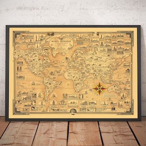 Old Seven Wonders of the World Atlas Map, 1939 - Ancient and Modern - Pyramids, Empire State, Stonehenge - Framed, Unframed