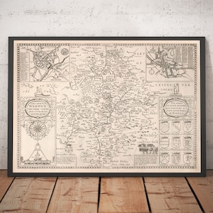 Old Map of Warwickshire in 1611 by John Speed - Birmingham, Coventry, Solihull, Warwick, Nuneaton, Leamington Spa - Framed, Unframed