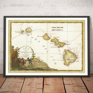 Ancienne carte d'Hawaï en 1785 par Giovanni Cassini - Îles Sandwich, Maui, O'ahu, Honolulu, océan Pacifique - Cadeau encadré, non encadré