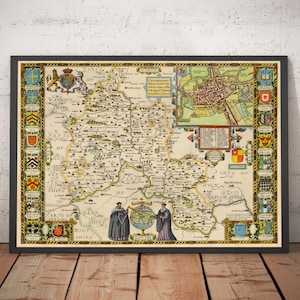 Mapa antiguo de Oxfordshire, 1611, de John Speed: Oxford, Banbury, Abingdon, Bicester, colegios, universidad, Didcot (con o sin marco)