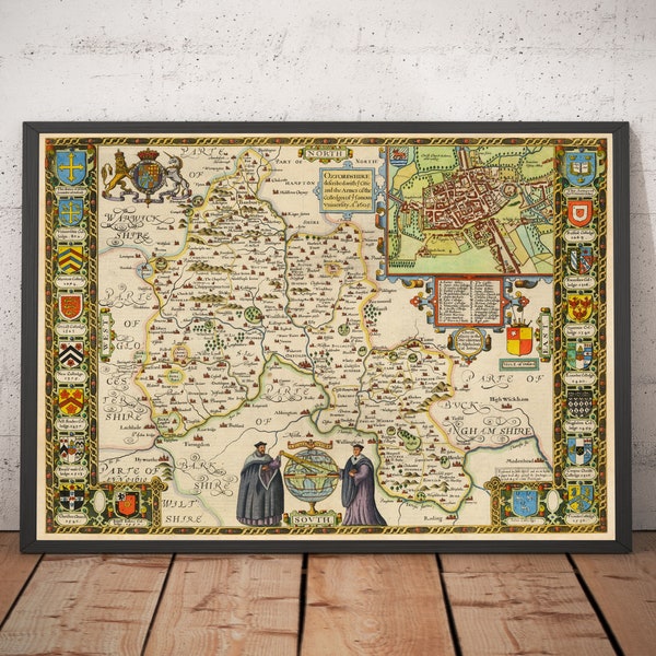 Old Map of Oxfordshire, 1611 by John Speed - Oxford, Banbury, Abingdon, Bicester, Colleges, University, Didcot - Framed or Unframed