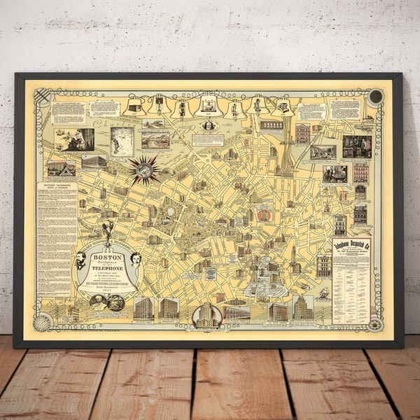 Old Pictorial Map of Boston, 1947 Ernest Dudley Chase - Birth of the Telephone, Graham Bell, Beacon Hill, Downtown - Framed, Unframed