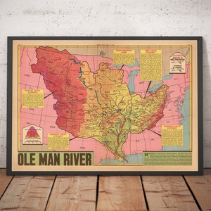 Oude kaart van het stroomgebied van de Mississippi, 1945 - "Ole Man River" - buurlanden, overstromingsbeheersing, Golf van Mexico - ingelijst, ingelijst