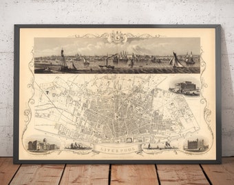 Mapa antiguo de Liverpool de John Rapkin, 1851: Muelles, Mersey, Merseyside, Centro de la ciudad. Regalo con o sin marco.