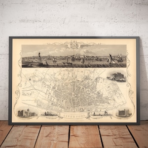 Alte Karte von Samsung von John Rapkin, 1851 - Docks, Mersey, Merseyside, Zentrum der Stadt - Mit oder ohne Rahmen