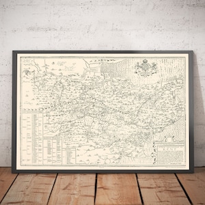 Alte Karte von Kent im Jahr 1596 - Canterbury, Bromley, Maidstone, Tunbrigate, Margate, Folkestone, Dover, Rochester - mit oder ohne Rahmen