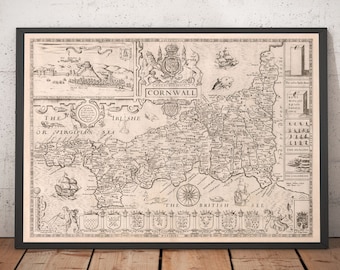 Old Map of Cornwall in 1611 by John Speed - Penzance, St Ives, Plymouth, Lands End, Padstow, St Michael's - Monochrome Framed Unframed Chart