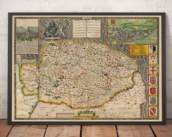 Old Map of Norfolk, 1611 by Speed - Norwich, Great Yarmouth, King's Lynn, Thetford, Downham Market, Fakenham, Diss - Framed or Unframed Gift