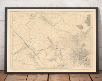 Vecchia mappa del nord di Londra 1862, Stanford - Hampstead, Cricklewood, Golders Green, Brent - NW2, NW3, NW11, NW4 - Regalo con cornice e senza cornice