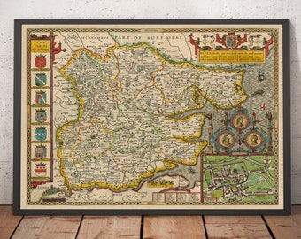 Antiguo mapa de Essex en 1611 por John Speed - Southend, Colchester, Chelmsford, Basildon, Romford, Brentford, Chigwell - Regalo enmarcado o sin marco