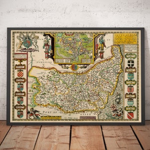 Alte Karte von Suffolk, 1611 von John Speed - Ipswich, Lowestoft, Bury St Edmunds, Haverhill, Felixstowe, Harwich - gerahmt oder ungerahmt