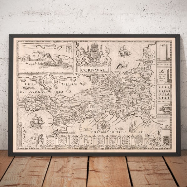 Old Map of Cornwall in 1611 by John Speed - Penzance, St Ives, Plymouth, Lands End, Padstow, St Michael's - Monochrome Framed Unframed Chart