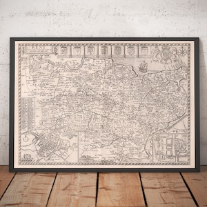 Old Map of Kent, 1611 by John Speed - Canterbury, Maidstone, Bromley, Tunbridge, Margate, Dover, Folkestone, Rye  - Framed or Unframed Gift