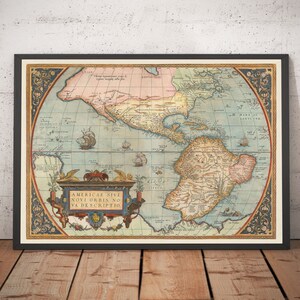 Ancienne carte de l'Amérique du Nord et du Sud 1572 - Premier atlas graphique de l'hémisphère occidental par Abraham Ortelius - encadré, non encadré