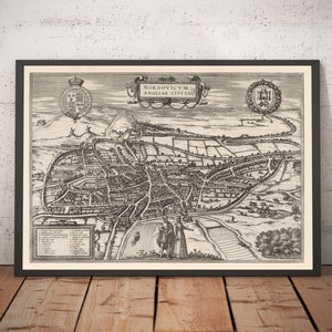 Alte Karte von Norwich, East Anglia 1581 von Georg Braun, Civitates Orbis Terrarum - Burg, Stadtmauer - Gerahmt, Ungerahmt