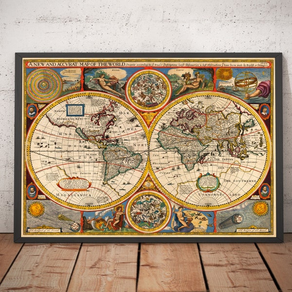 Rare Old World Atlas Map from 1651 by John Speed - Colour Vintage Wall Chart - Framed or Unframed