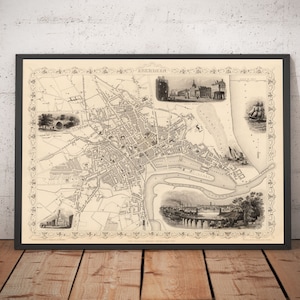 Ancienne carte d'Aberdeen, en Écosse, en 1851 par Tallis & Rapkin - Art mural urbain ancien et vintage - Avec ou sans cadre