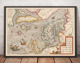 Old Map of North Sea and Atlantic, 1575 with Mythical Frisland - Scandinavia, British Isles, Iceland - Framed, Unframed
