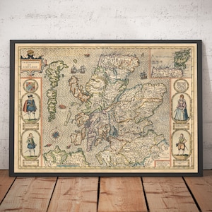 Ancienne carte de l'Écosse en 1611 par John Speed - Orcades, îles Shetland, Hébrides, Highlands, Skye, Loch Ness - encadrée, non encadrée