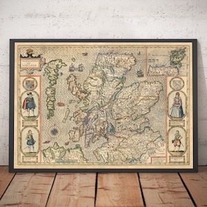 Old Map of Scotland in 1611 by John Speed - Orkney, Shetland Isles, Hebrides, Highlands, Skye, Loch Ness - Framed, Unframed