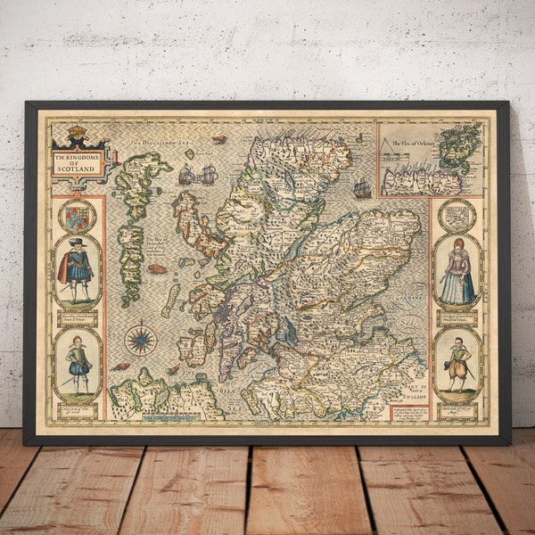 Old Map of Scotland in 1611 by John Speed - Orkney, Shetland Isles, Hebrides, Highlands, Skye, Loch Ness - Framed, Unframed