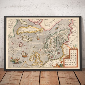 Old Map of North Sea and Atlantic, 1575 with Mythical Frisland - Scandinavia, British Isles, Iceland - Framed, Unframed
