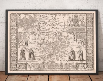 Old Map of Cambridgeshire, 1611 by John Speed - Cambridge, Peterborough, Wisbech, Huntingdon, St Ives - Framed, Unframed