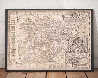 Old Map of Essex in 1611 John Speed - Southend, Colchester, Chelmsford, Basildon, Braintree, Romford - Monochrome Framed Unframed