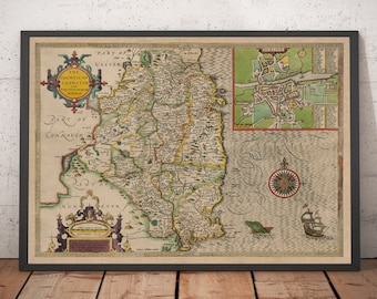 May include: An antique map of Ireland, showing the counties of Leinster, Ulster, Connaught, and Munster. The map is printed in black and white with hand-colored details. The map includes a compass rose and a small inset map of Dublin.