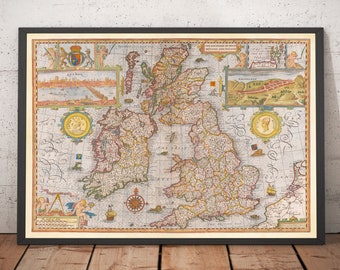 Vecchia mappa delle isole britanniche nel 1611 di John Speed - Regno Unito, Inghilterra, Scozia, Galles, Irlanda, Cymru, Éire - Personalizzato - Con cornice, Senza cornice