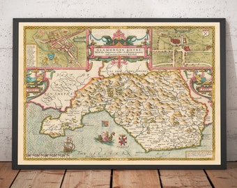 Old Map of Glamorgan Wales, 1611 by John Speed - Cardiff, Swansea, Bridgend, Port Talbot, Barry - Framed, Unframed
