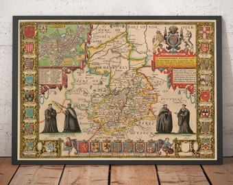 Old Map of Cambridgeshire 1611 by Speed - Cambridge, University, College, Peterborough, Wisbech, St Neots, Huntingdon - Framed Unframed Gift