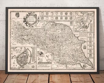 Old Map North and East Yorkshire, 1611 by John Speed - Hull, York, Middlesbrough, Scarborough - Framed, Unframed