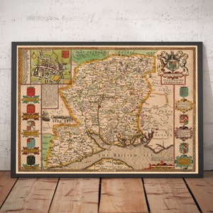 Old Map of Hampshire, 1611 by John Speed -  Winchester, Portsmouth, Southampton, Basingstoke, Farnborough, Havant - Framed Unframed