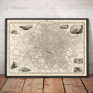 Ancienne carte de Birmingham en 1851 par J. & F. Tallis - Midlands, Brum, murs de la ville, arènes, hôtel de ville - encadrée ou non